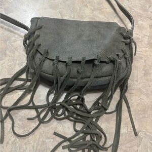 Street Level Fringe Leather Crossbody Bag - green boho